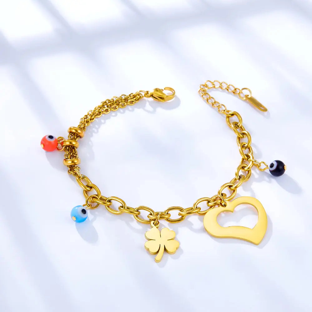Leaf Grass + Heart-shaped Hollow + 3 Mixed Color Eyeballs Bracelet asonjewelry