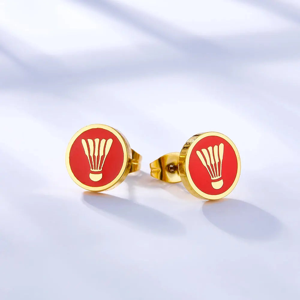 Stainless Steel 18k Gold Plated Badminton Red Cut Stud Earrings asonjewelry