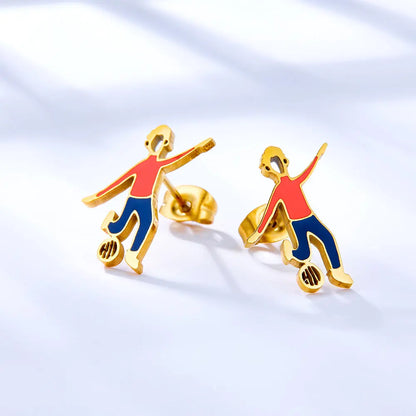 Boys Playing Football Mixed Color Cut Stud Earrings asonjewelry