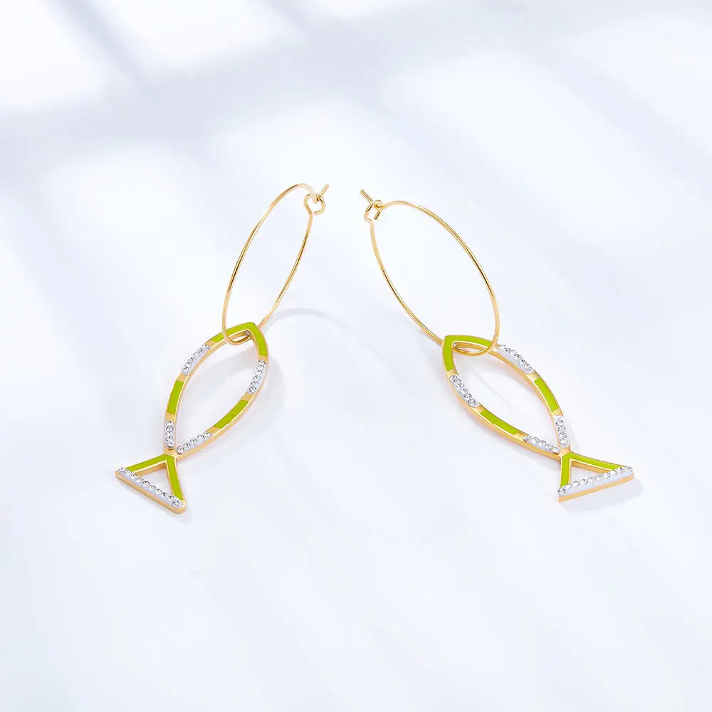 Circle With Fish-shaped Hollow Mixed Color With Diamond Earrings asonjewelry