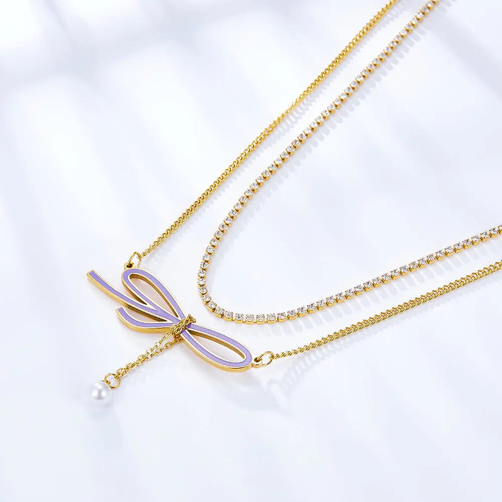 Odd-shaped Bow Purple With White Pearl + White Diamond With Chain Double Chain Necklace asonjewelry