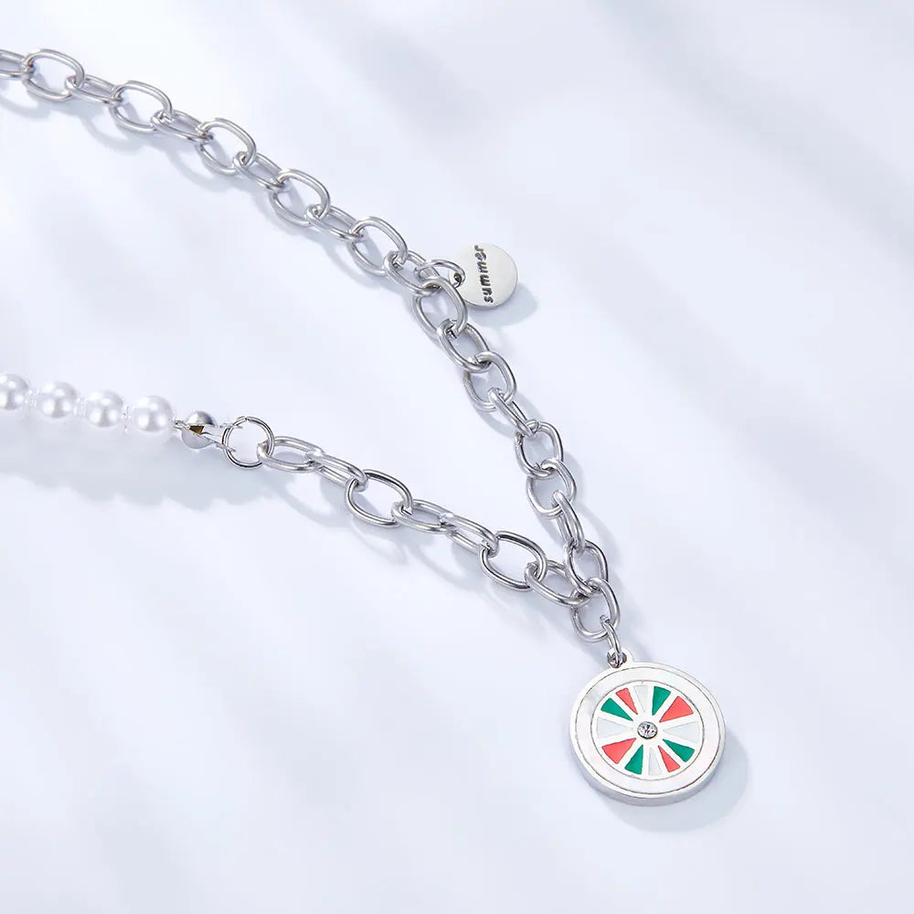 Round Accessories With Mixed Color Drop Oil With Diamond+Round Accessories+White Pearl Necklace asonjewelry