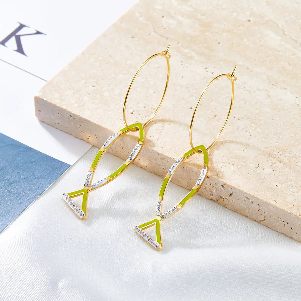 Circle With Fish-shaped Hollow Mixed Color With Diamond Earrings asonjewelry