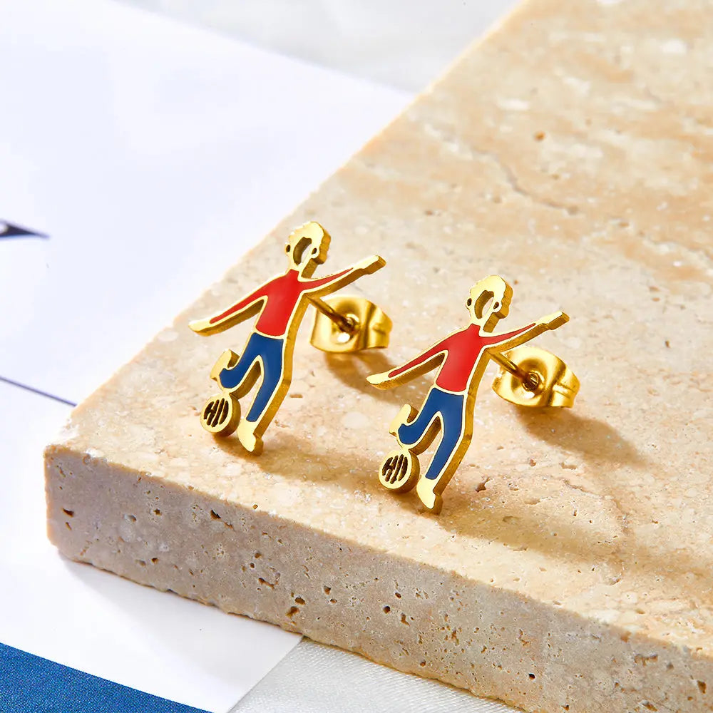 Boys Playing Football Mixed Color Cut Stud Earrings asonjewelry