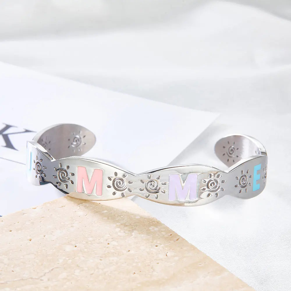 Stainless Steel Mixed Color Letter Hard Bracelet For Women asonjewelry