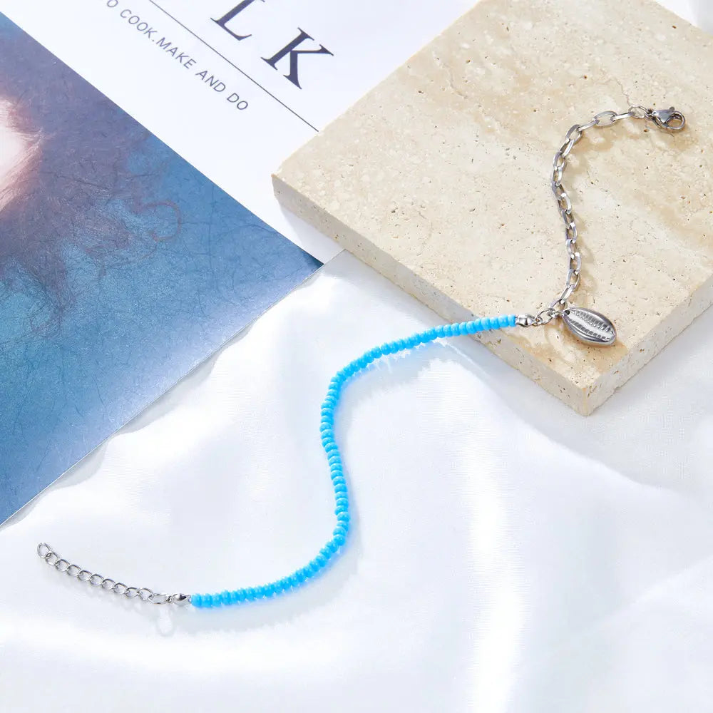 Fashion Half Blue Beads + Chain With Lobster Clasp Anklet asonjewelry