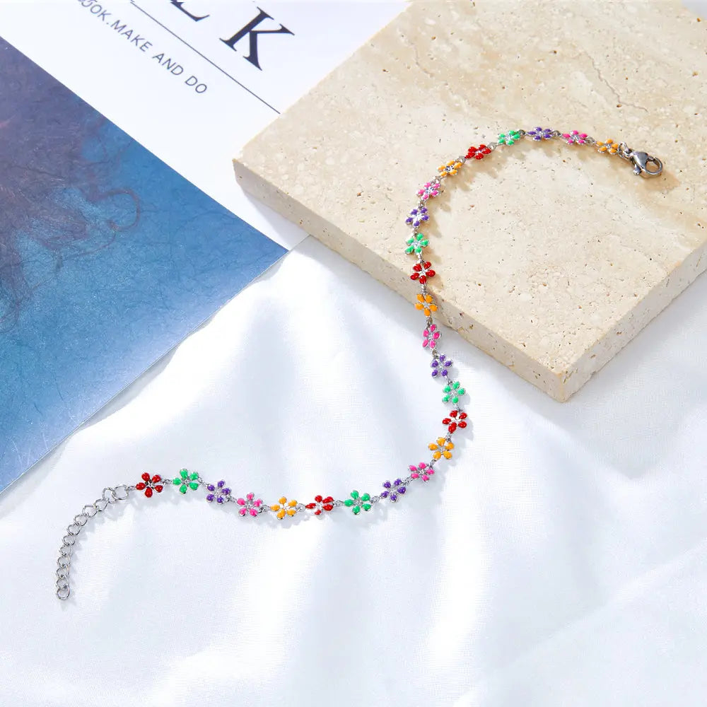 Stainless Steel 25 Mixed Color Peach Blossoms Anklet asonjewelry