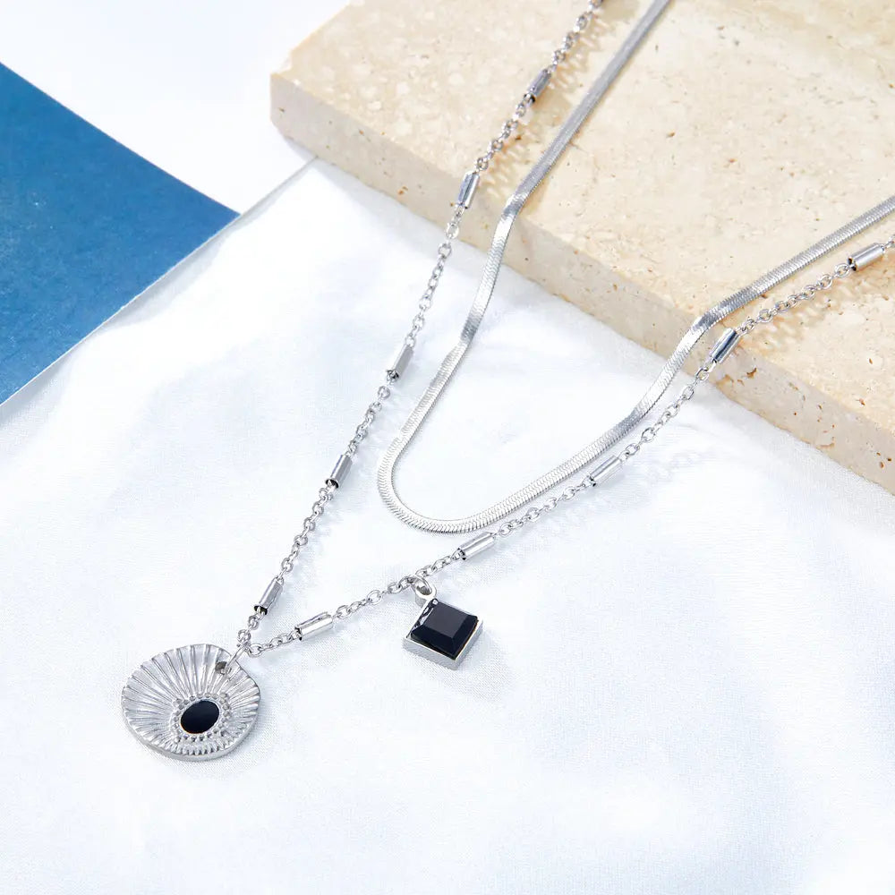 Shell With Black Drop Oil + Square Black Drop Oil Accessory+Chain Double Chain Necklace asonjewelry