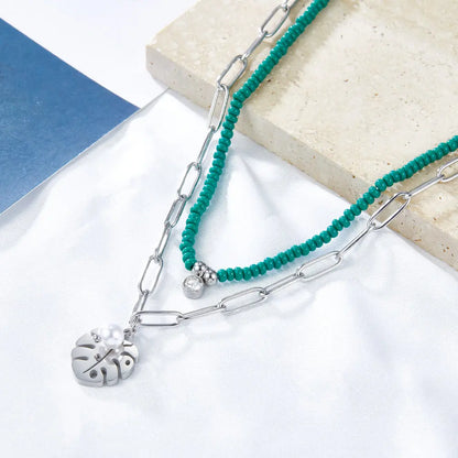 Leaf + White Pearl Accessories + Green Bead Chain With Diamond Double Chain Necklace asonjewelry