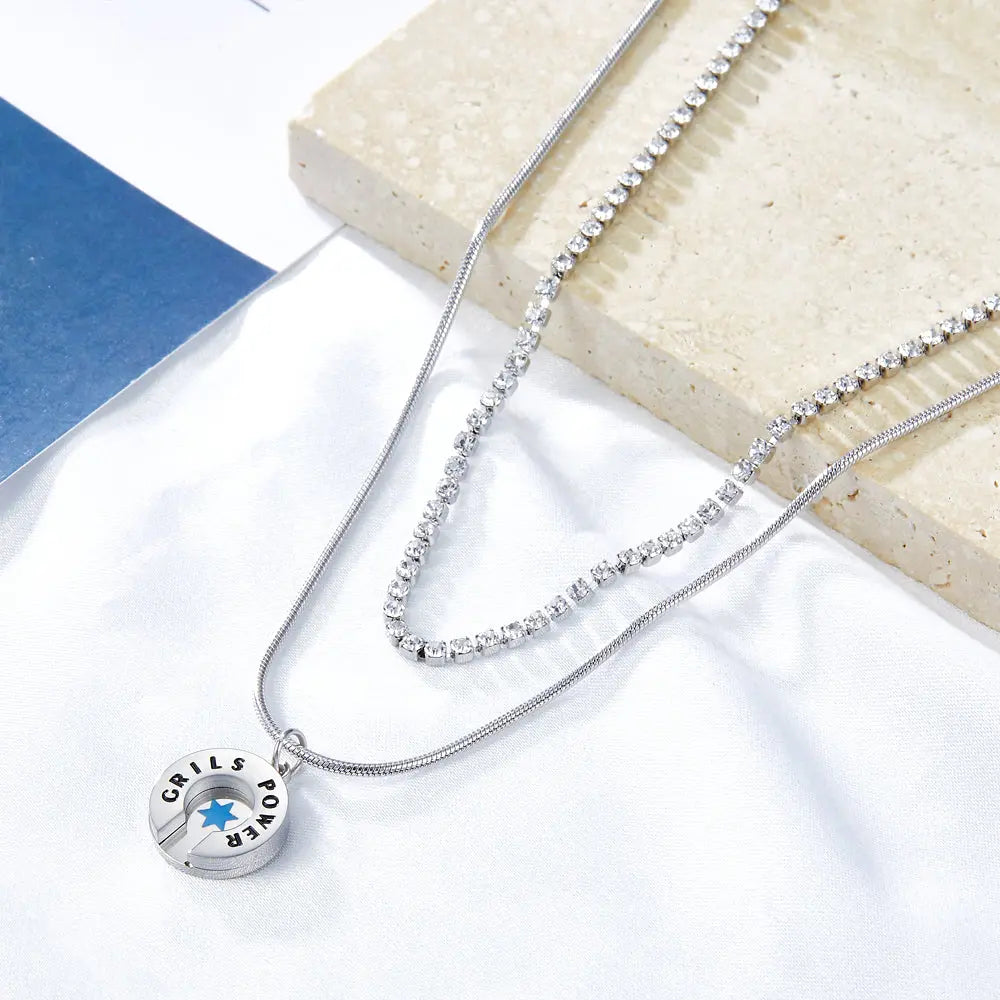 Blue Lucky Star Round Accessory+White Diamond with Chain Double Chain Necklace asonjewelry