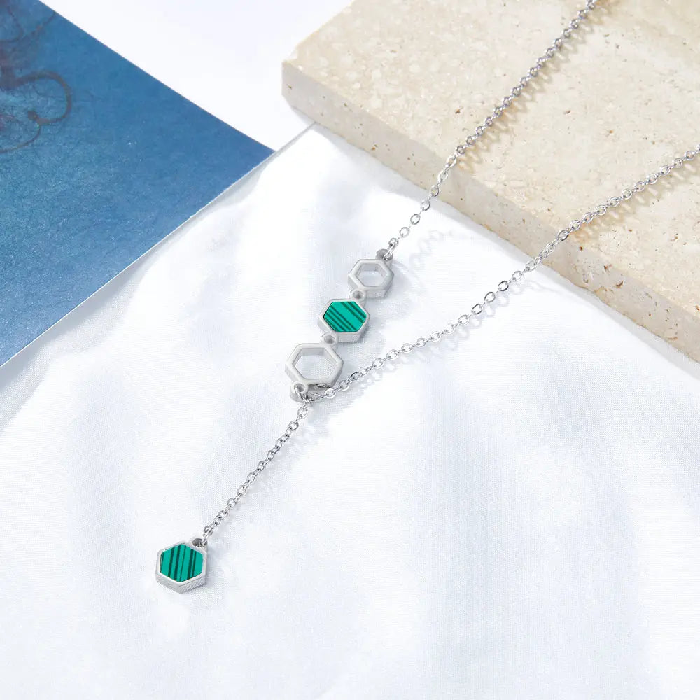 4 Large and Small Hexagons With Green Drip Oil Accessories Necklace asonjewelry