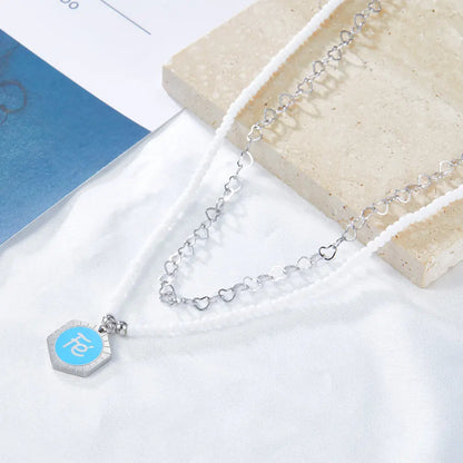 White Pearl Chain with Hexagon Fe Blue Accessories + Chain Double Chain Necklace asonjewelry