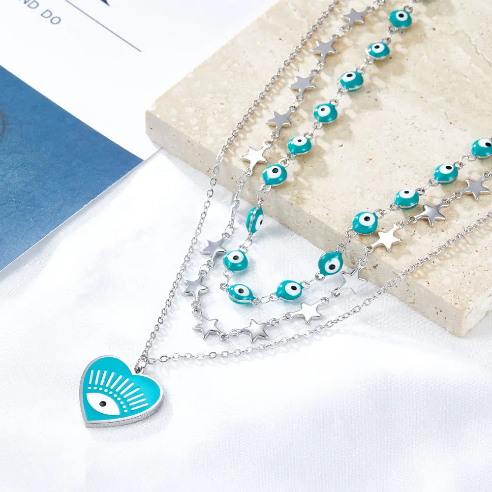 Green Heart-shaped Eye Accessory+Star with Chain + Green Eyeball Chain Triple Chain Necklace asonjewelry