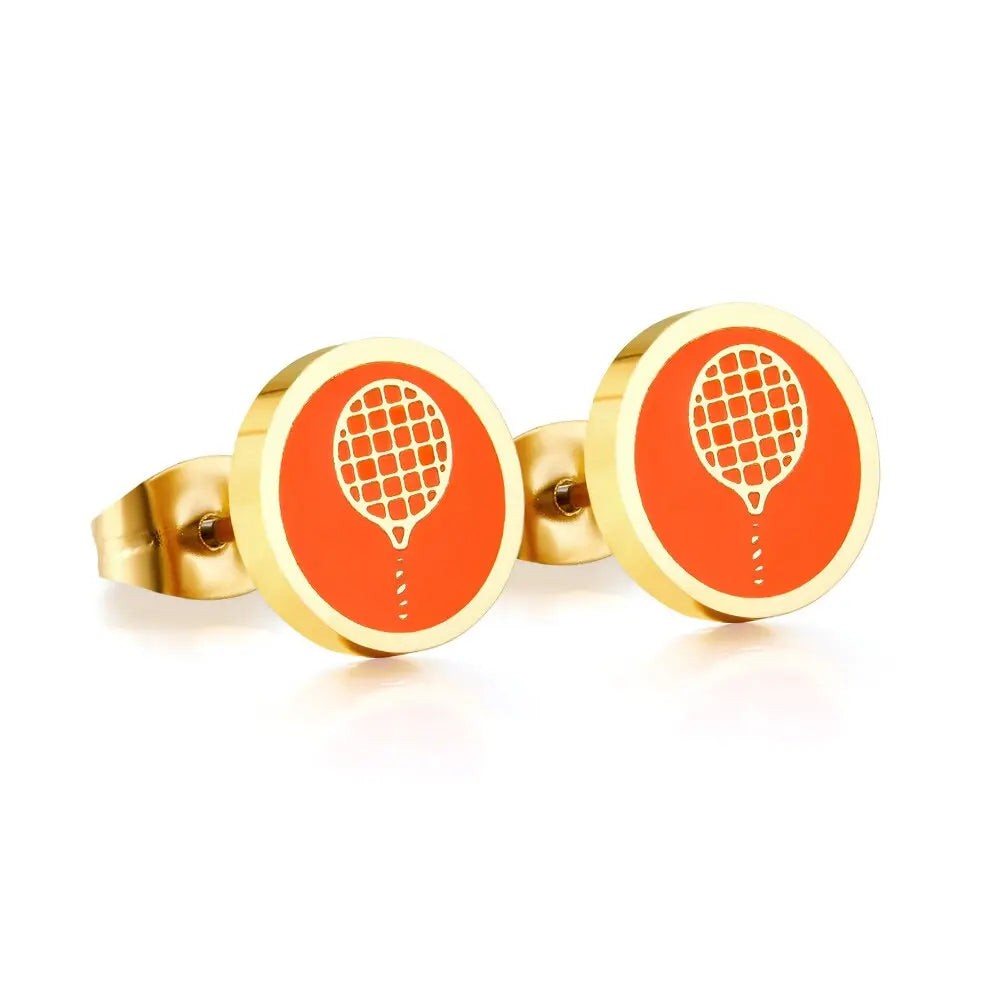 Enamel Stud Earrings Stainless Steel Sports Pattern Jewelry Football Badminton Tennis Kids Sugical Round Piercing asonjewelry