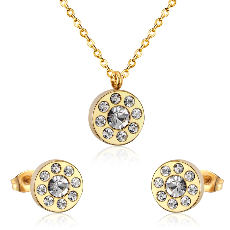 Collier pendentif rond en cristal, en acier inoxydable, boucles d'oreilles, ensembles de bijoux de mariage pour dames