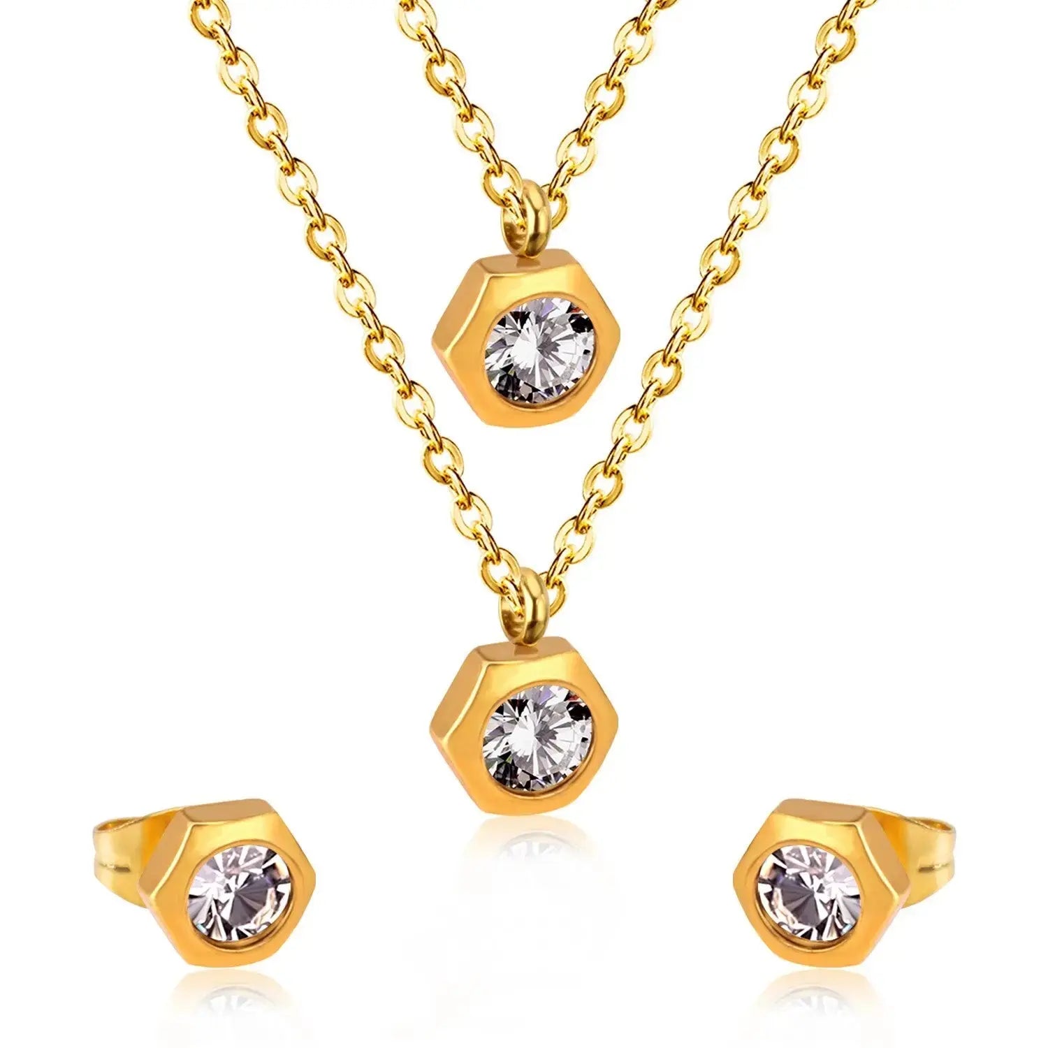 Fashion Flower Crystal Double Pendant Necklace Stainless Steel Jewelry Set For Female Wedding Necklace bijoux femme asonjewelry