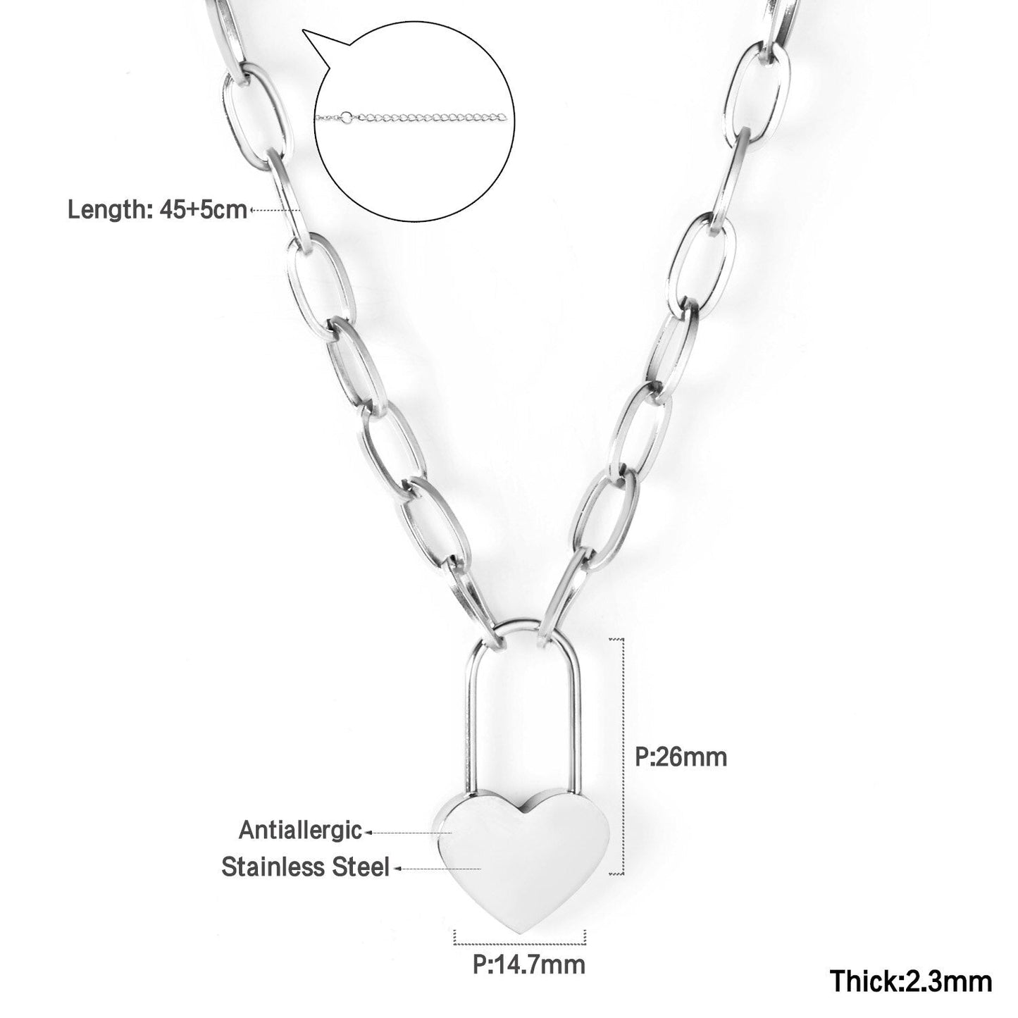 ASON Lock of Heart Pendant Necklace Stainless Steel Big Chain Necklace for Women Men Lover's Fashion Jewelry Accessories asonjewelry