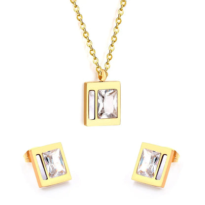 Stainless Steel Wedding Square Shell Chain Necklace Stud Earrings Bridal Jewelry Set Gold Jewellery Sets For Women asonjewelry