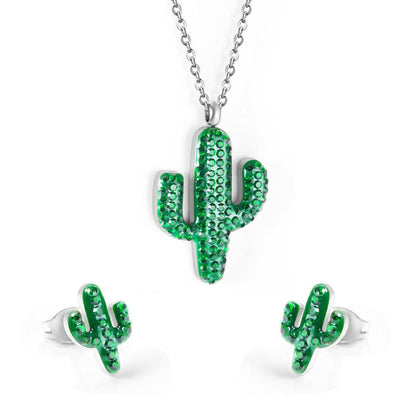 ASON Gold Color Stainless Steel Cactus Necklace and Earrings Jewelry Set with Green Rhinestone for Women Accessory Jewelry asonjewelry