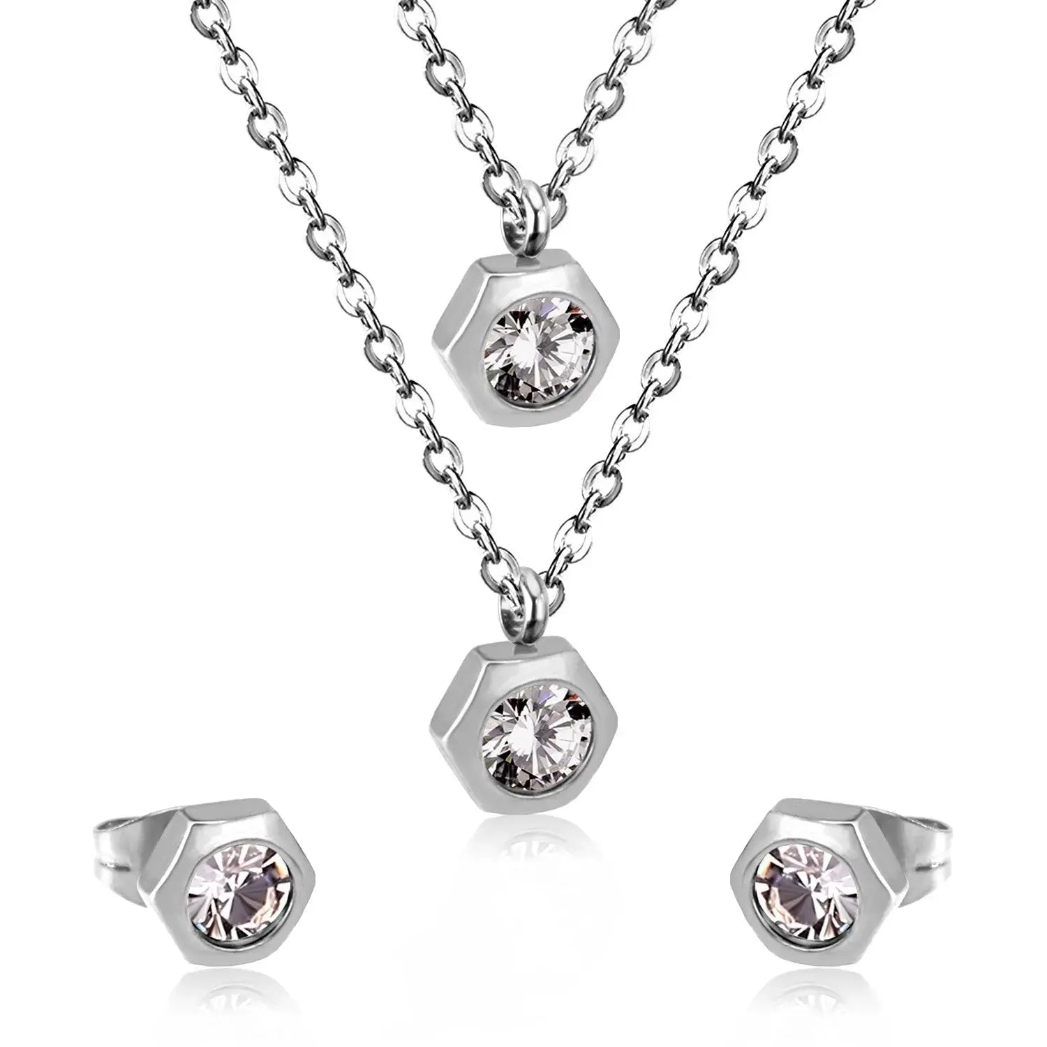 Fashion Flower Crystal Double Pendant Necklace Stainless Steel Jewelry Set For Female Wedding Necklace bijoux femme asonjewelry