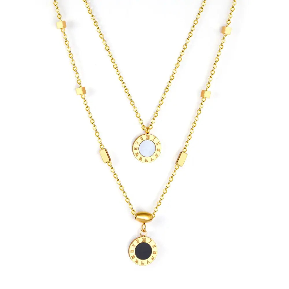 New Design Romantic Double Pendant Necklace For Women Design Roman Numerals Trendy Black And White Shell Collier asonjewelry