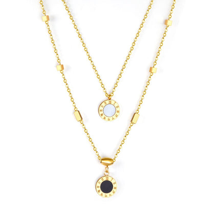 New Design Romantic Double Pendant Necklace For Women Design Roman Numerals Trendy Black And White Shell Collier