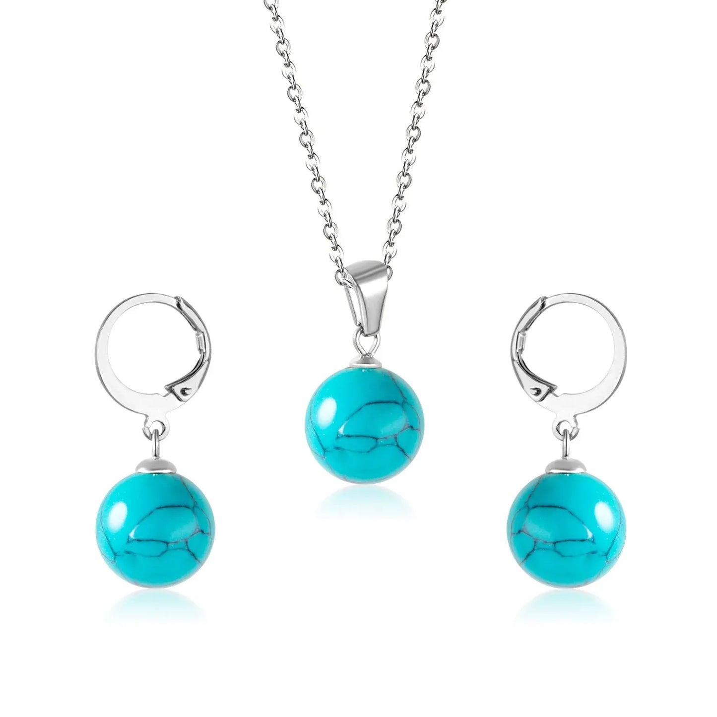 New Blue Opal Jewelry Sets Classic Style Round Shape Pendant Necklace Earrings Fashion Chains Accessoreies Collars asonjewelry