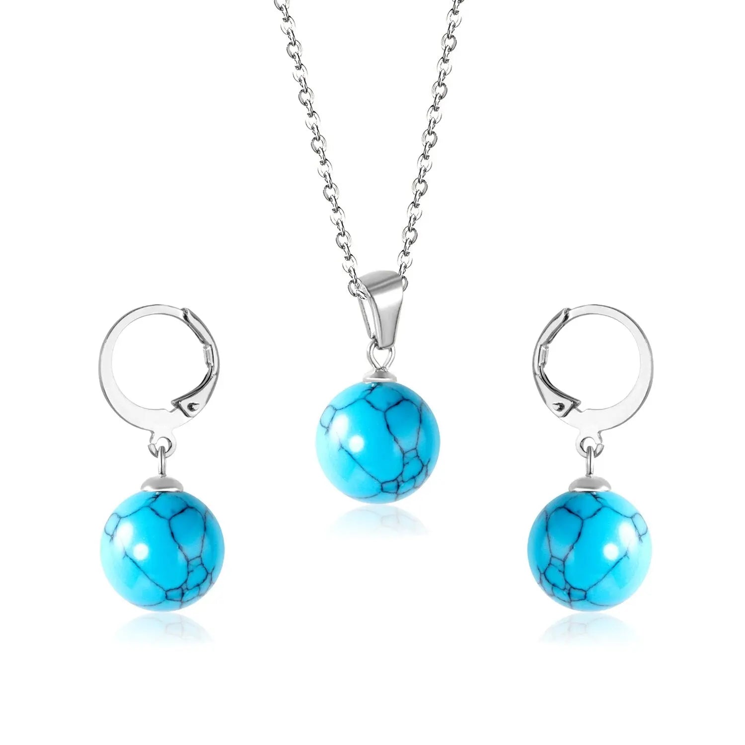 New Blue Opal Jewelry Sets Classic Style Round Shape Pendant Necklace Earrings Fashion Chains Accessoreies Collars asonjewelry