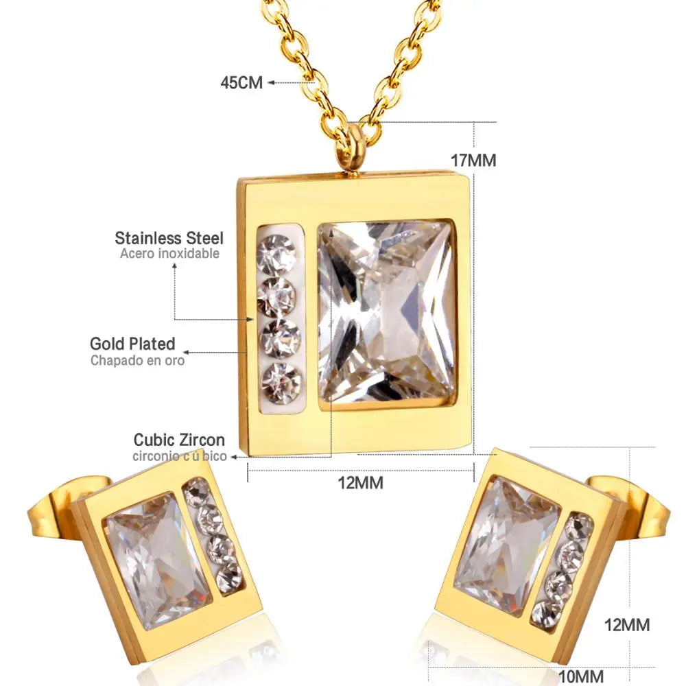 Stainless Steel Wedding Square Shell Chain Necklace Stud Earrings Bridal Jewelry Set Gold Jewellery Sets For Women asonjewelry