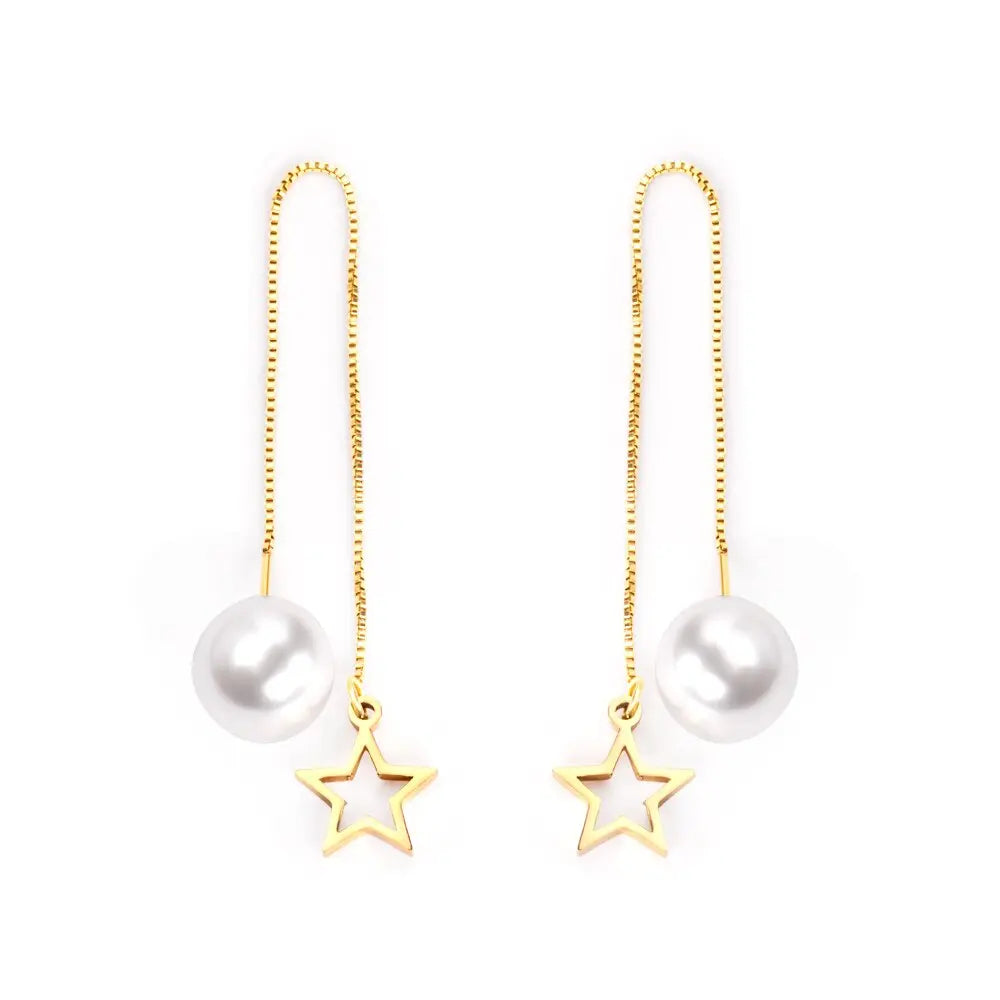 Star Long Pendant Earrings Gold Steel Color Vintage Elegant Jewelry Long Chain Earrings With Imitatiton Pearl Gifts asonjewelry