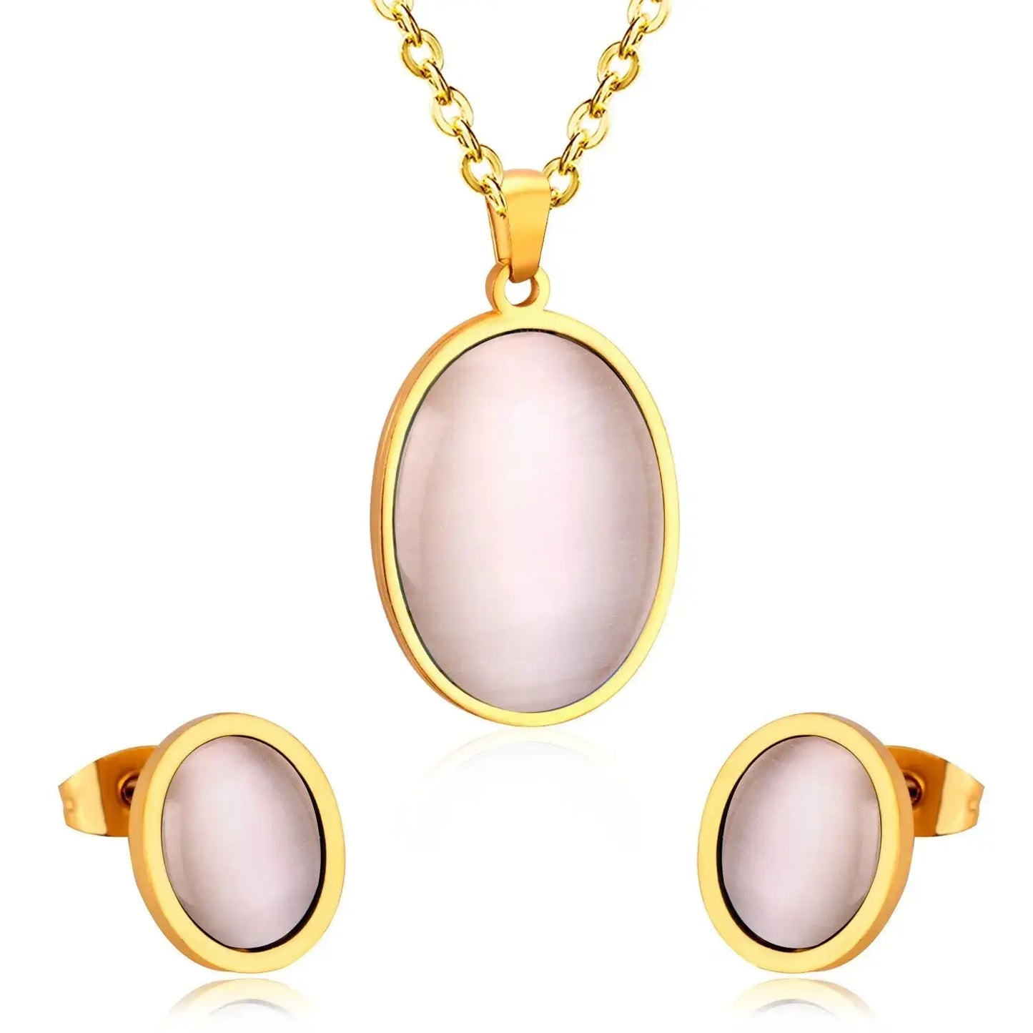 Oval Shape Opal Stainless Steel Luxury Necklaces Earrings Sets For Ladies Trendy Jewellry Sets parures bijoux asonjewelry