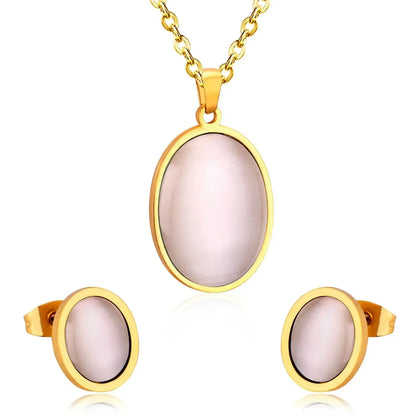 Oval Shape Opal Stainless Steel Luxury Necklaces Earrings Sets For Ladies Trendy Jewellry Sets parures bijoux asonjewelry