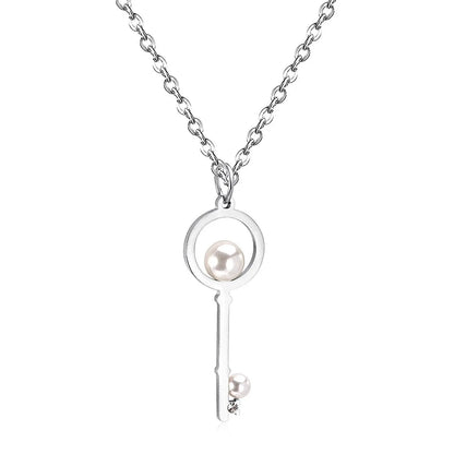 Fake Pearl Key Pendant Necklace For Men Women Jewelry Stainless Steel Necklaces Collars Collier Accoessries mujer asonjewelry