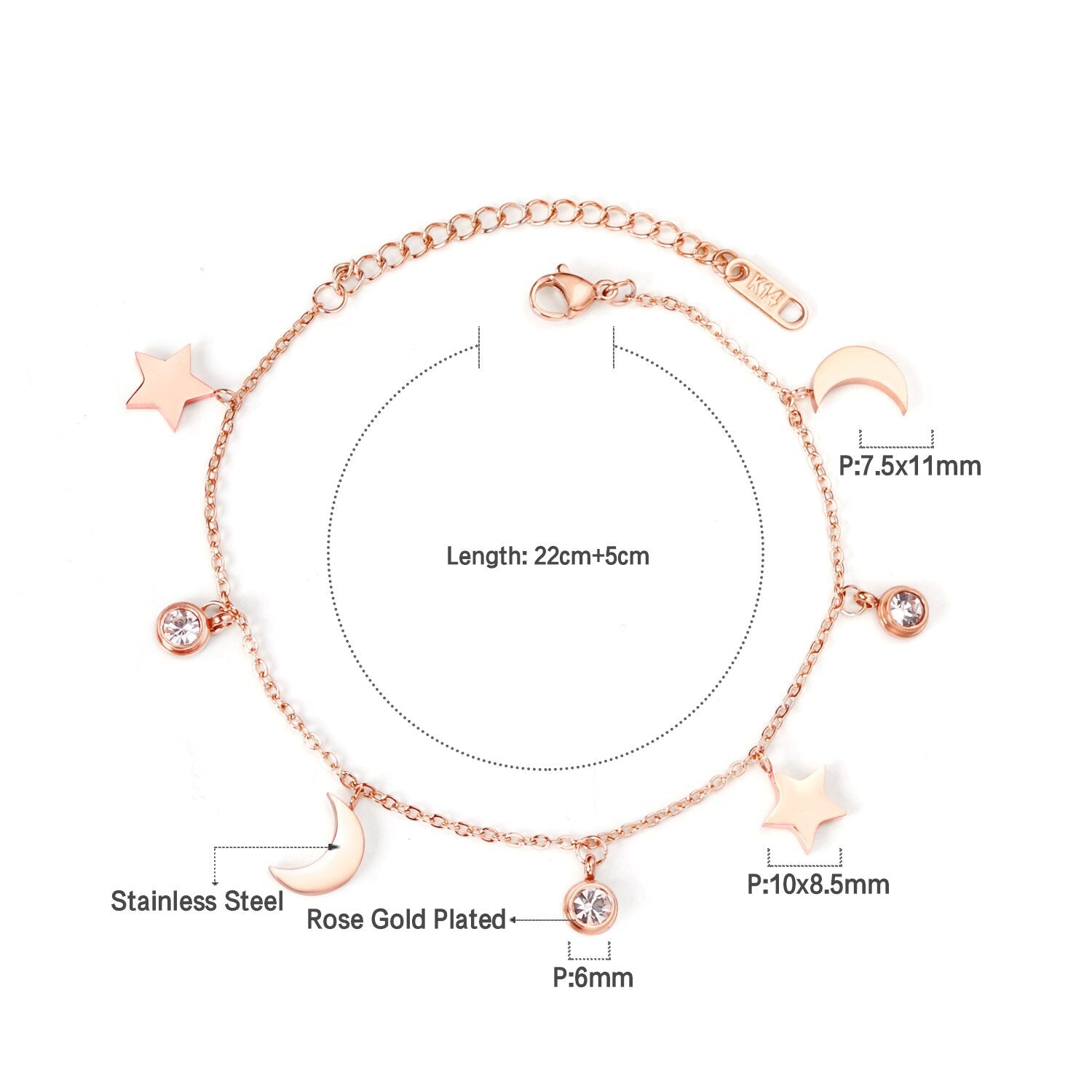 ASON Trendy Moon Star Cubic Zirconia Pendant Charm Bracelet Gol Color Stainless Steel Bangle for Women Girl Fashion Jewelry asonjewelry