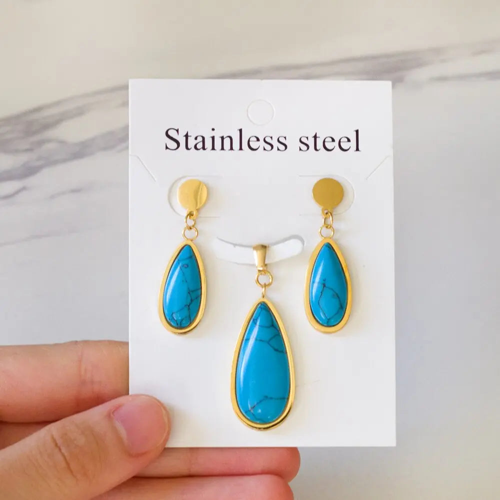 Luxury Weding Dubai Bridal Jewelry Sets Of Necklace And Earing Water Drop Stone Trendy Stainlee Steel Set For Women asonjewelry