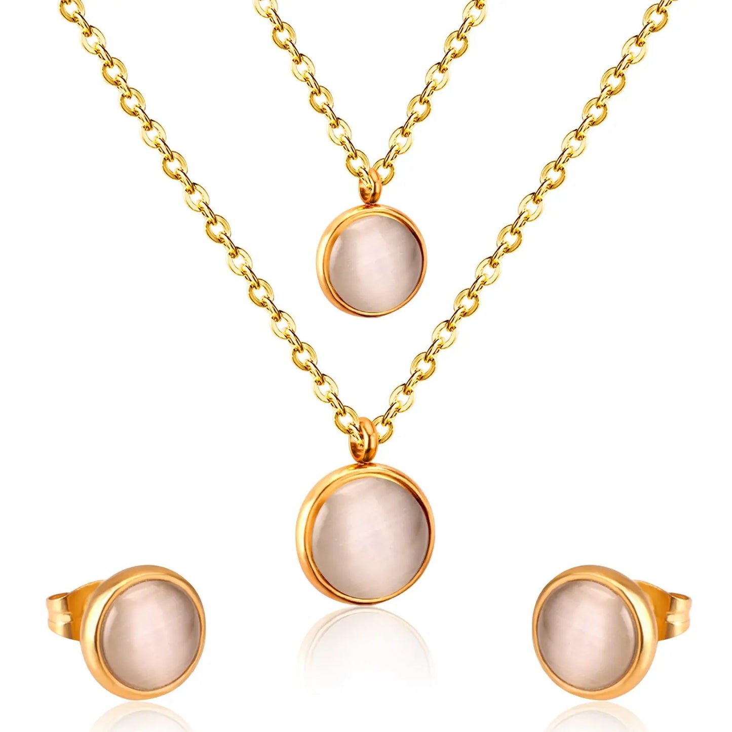 Fashion Elegant Luxury Double Chain Stainless Steel Necklaces Earrings Sets For Ladies Wedding Jewellry pendientes asonjewelry