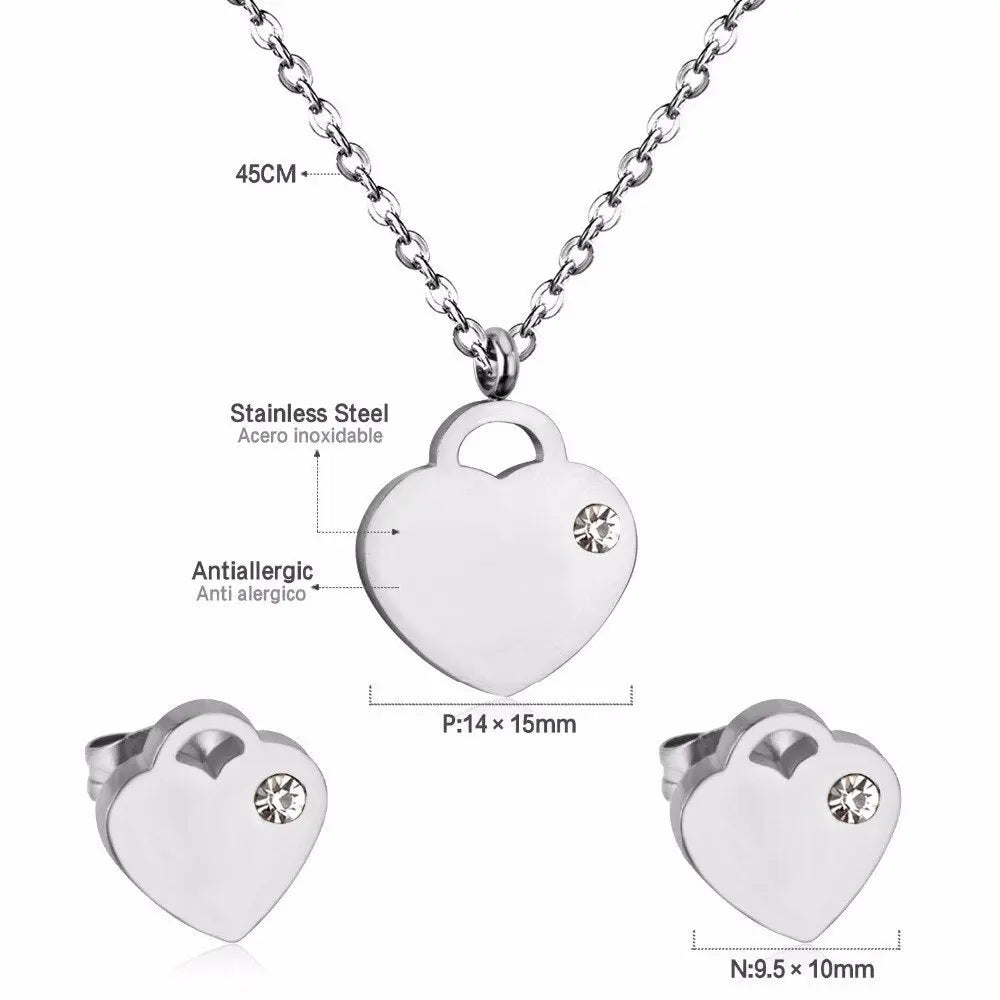 Lovely Heart Stainless Steel Bridal Jewelry Sets Necklace Earrings Accessories Set For Women Wedding Gift asonjewelry