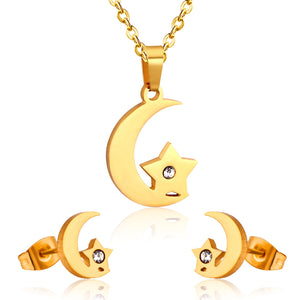 Crystal Moon Star Necklace Earring Sets Stainless Steel Dubai Indian Wedding Gold Jewelry Set For Women Girls