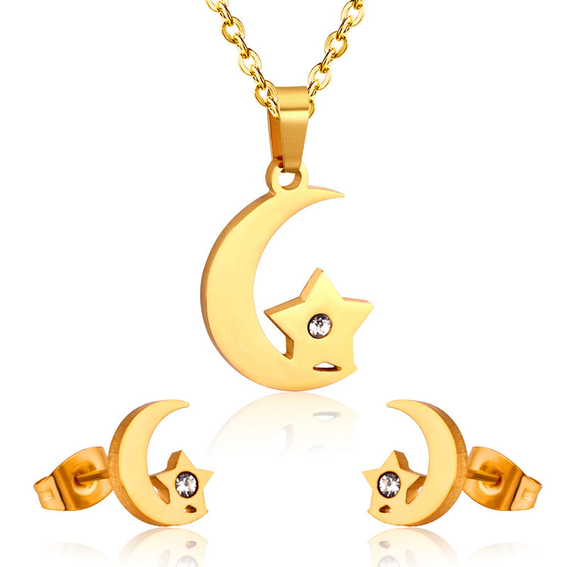 Crystal Moon Star Necklace Earring Sets Stainless Steel Dubai Indian Wedding Gold Jewelry Set For Women Girls