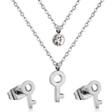Key Pendant Stainless Steel Necklace Earring Crystal Wedding Bridal Gold Jewelry Set For Women Girls Jewellery Set