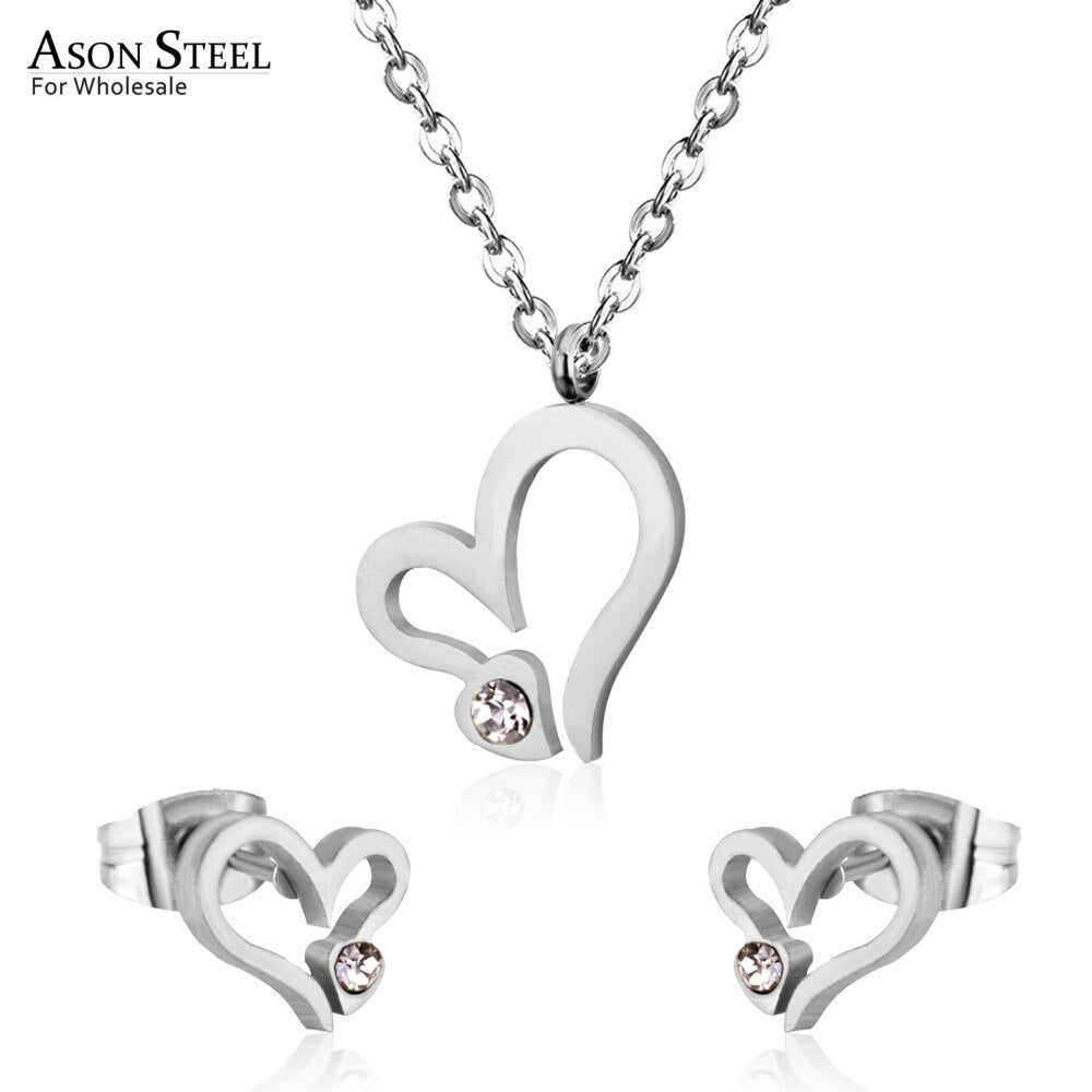 ASON Luxury Heart Pendants Necklaces Earrings Jewelry Set Gold Color Fashion Stainless Steel for Women Cubic Zirconia Cute asonjewelry