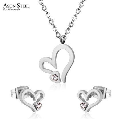 ASON Luxury Heart Pendants Necklaces Earrings Jewelry Set Gold Color Fashion Stainless Steel for Women Cubic Zirconia Cute asonjewelry