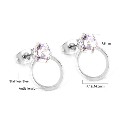 ASON Wedding Jewelry Round Cubic Zirconia Anti-allergy Stud Earring Stainless Steel Round Earrings Female Accessories Party asonjewelry