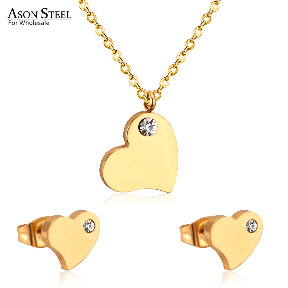 ASON Luxury Heart Pendants Necklaces Earrings Jewelry Set Gold Color Fashion Stainless Steel for Women Cubic Zirconia Cute asonjewelry