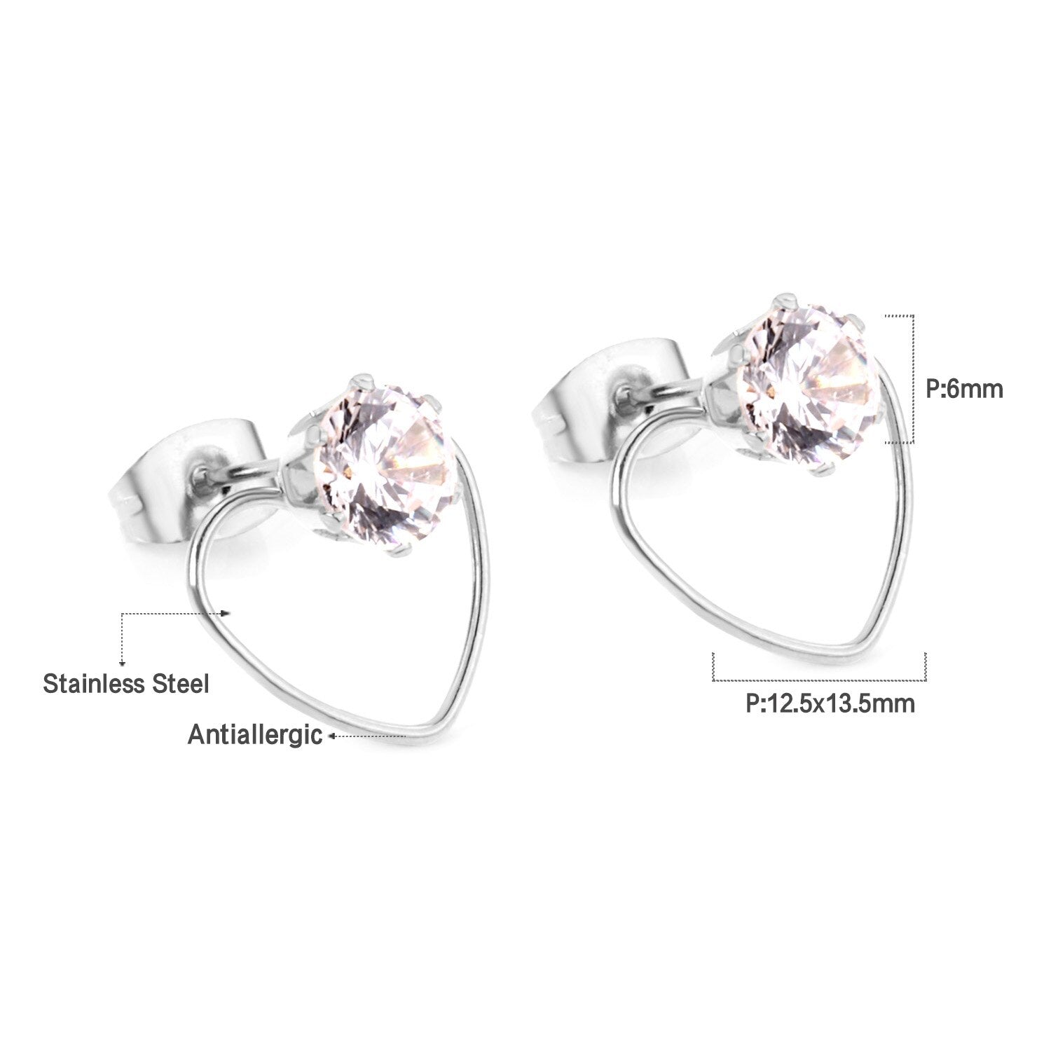 ASON Heart Round Cubic Zirconia Piercing  Stud Earrings Valentine's Gift Stainless Steel Gold Color Earring Classic Jewelry asonjewelry