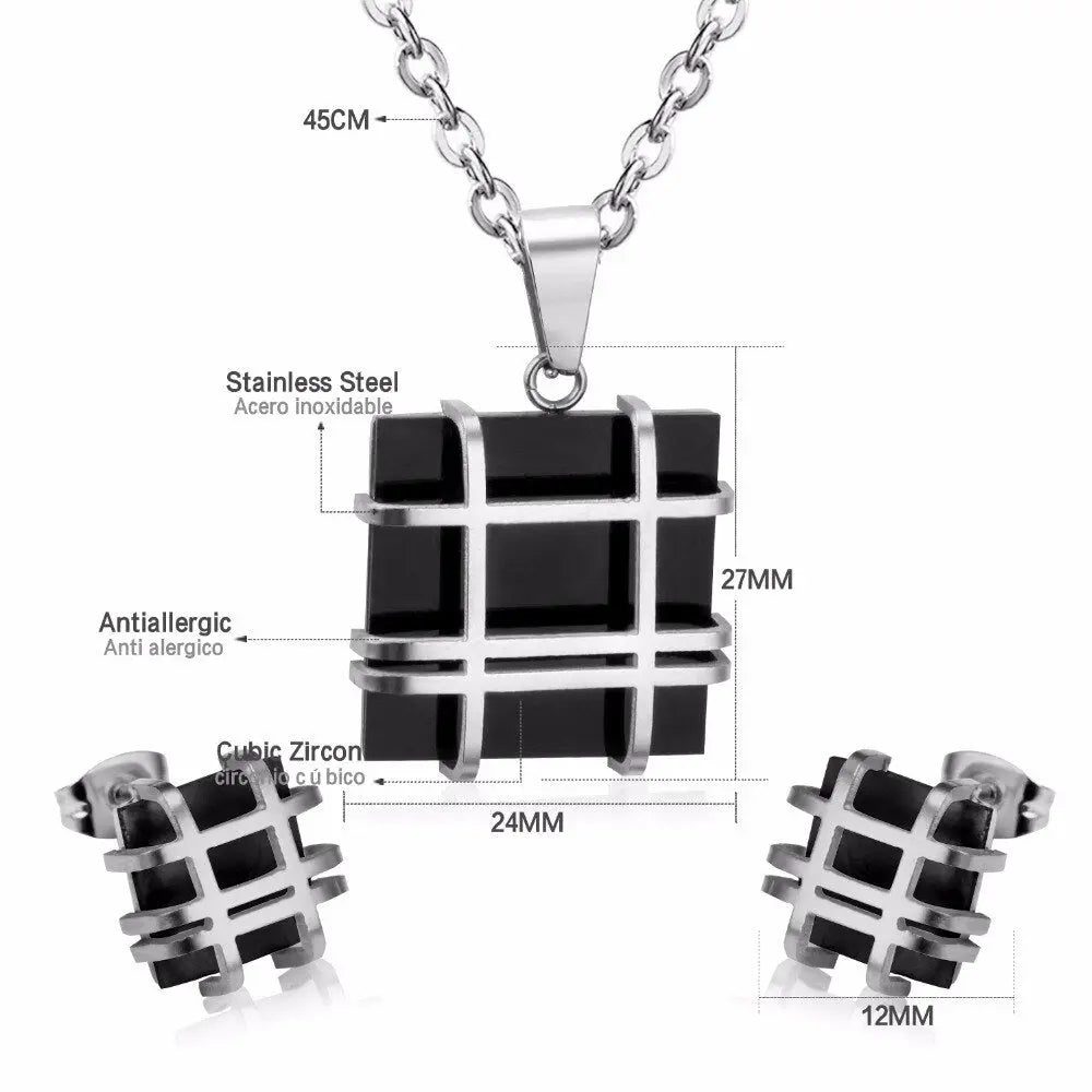 Jewelry Sets Stainless Steel Square Shape Pendant Necklace Earring For Women Chain Necklace Female Jewelry Collier asonjewelry