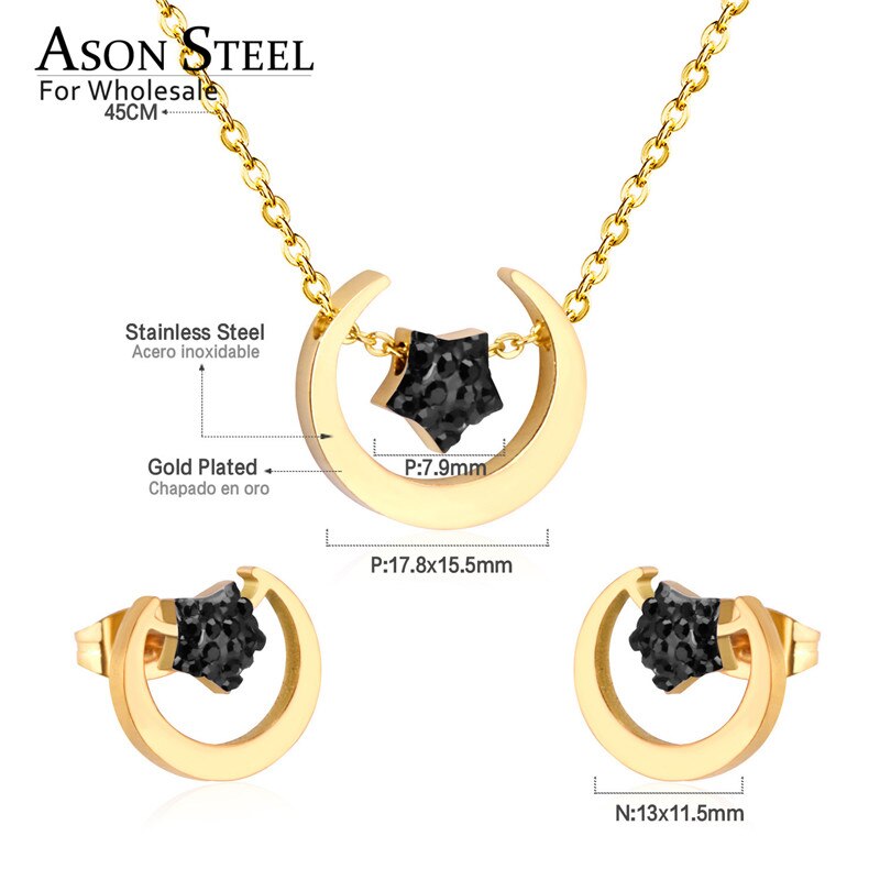 ASON Bohemian Jewelry Sets Accessory Stainless Steel Gold Color Moon Star Pendant Necklace Piercing Stud Earrings For Women asonjewelry