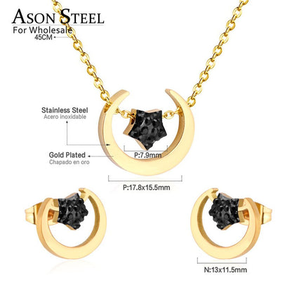 ASON Bohemian Jewelry Sets Accessory Stainless Steel Gold Color Moon Star Pendant Necklace Piercing Stud Earrings For Women asonjewelry