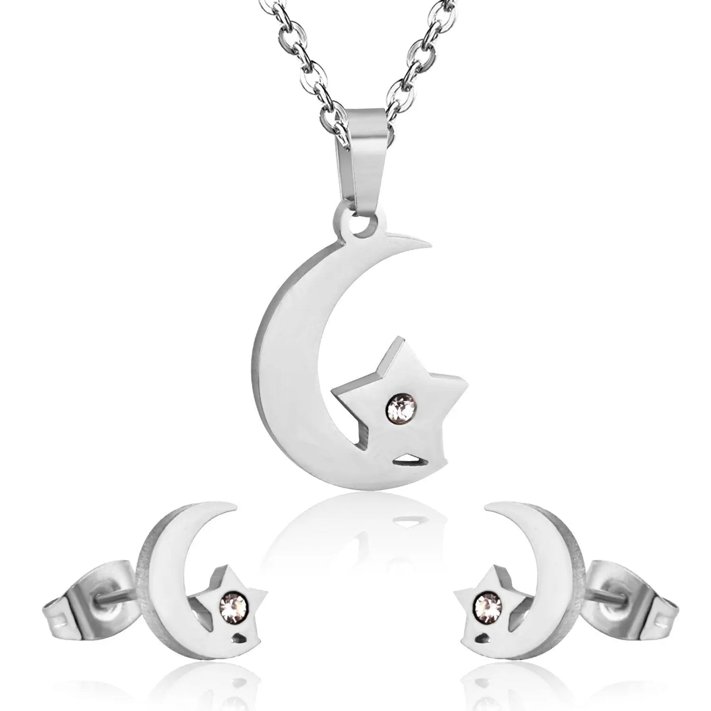 Crystal Moon Star Necklace Earring Sets Stainless Steel Dubai Indian Wedding Gold Jewelry Set For Women Girls asonjewelry