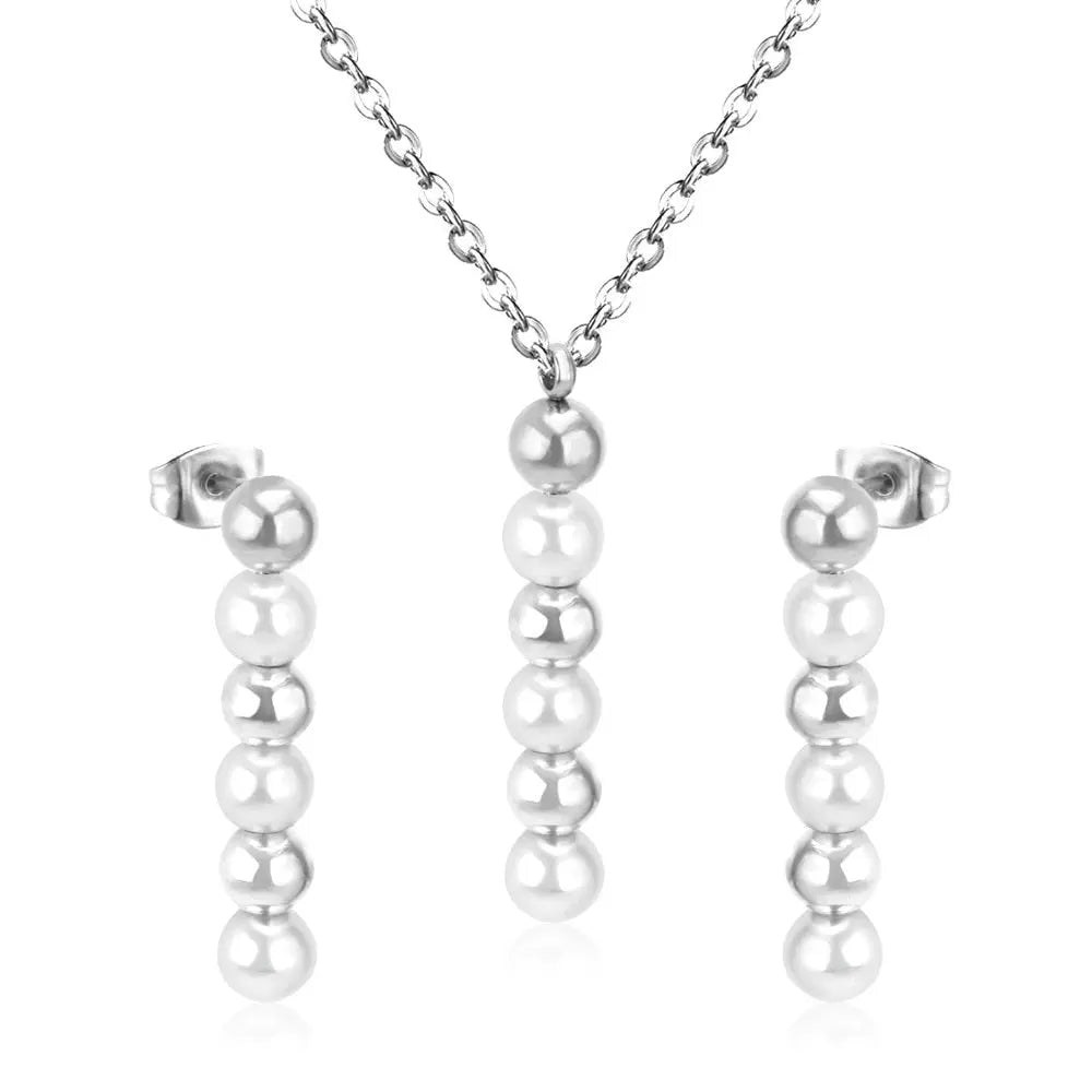 Stainless Steel Jewelry Sets For Women Girls Fake Pearl Earrings Necklace Wedding Dubai Indian Bridal Jewelry Set asonjewelry